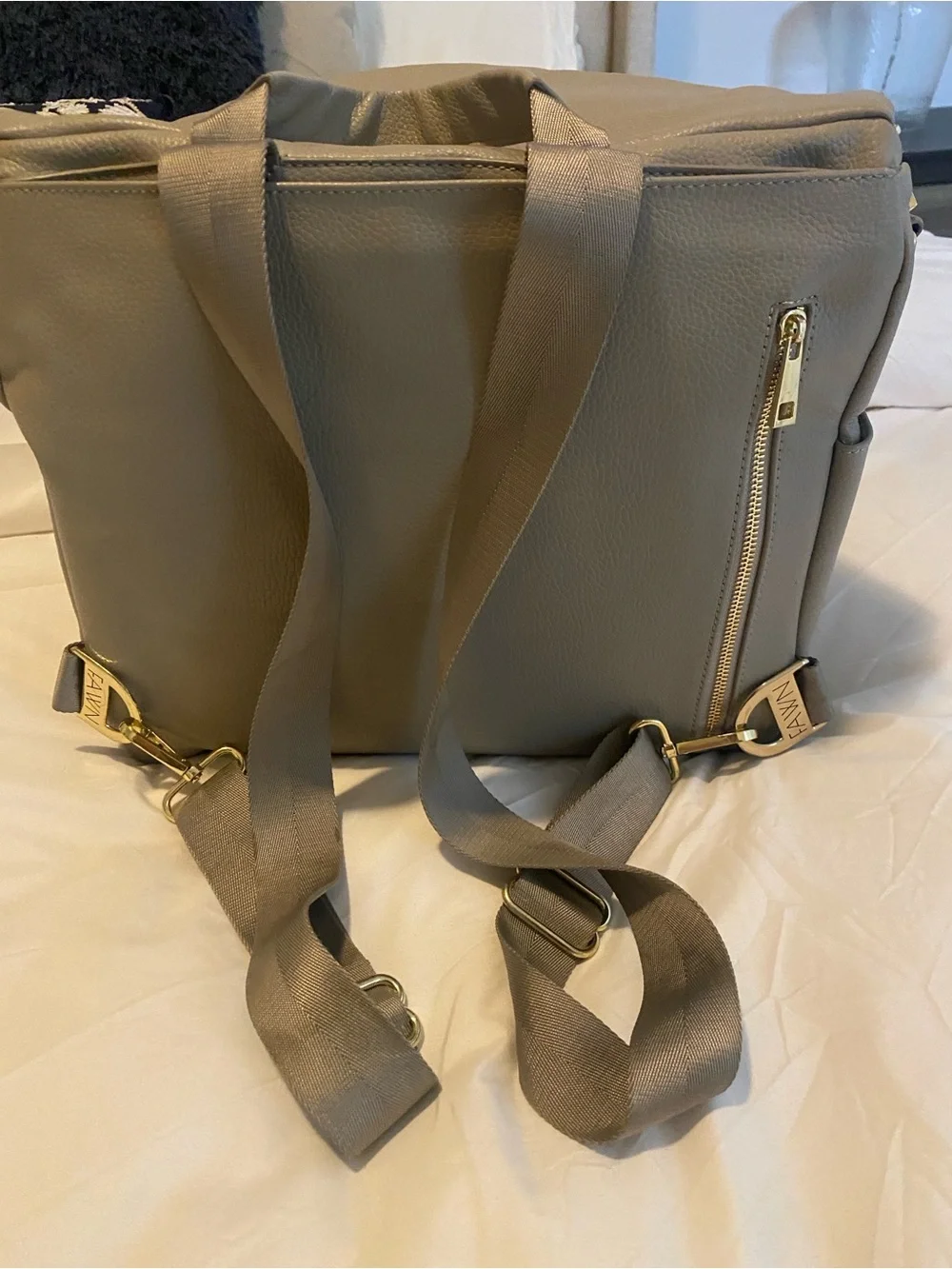 Fawn Design Light Gray Convertible Baby Bag with Gold Hardware